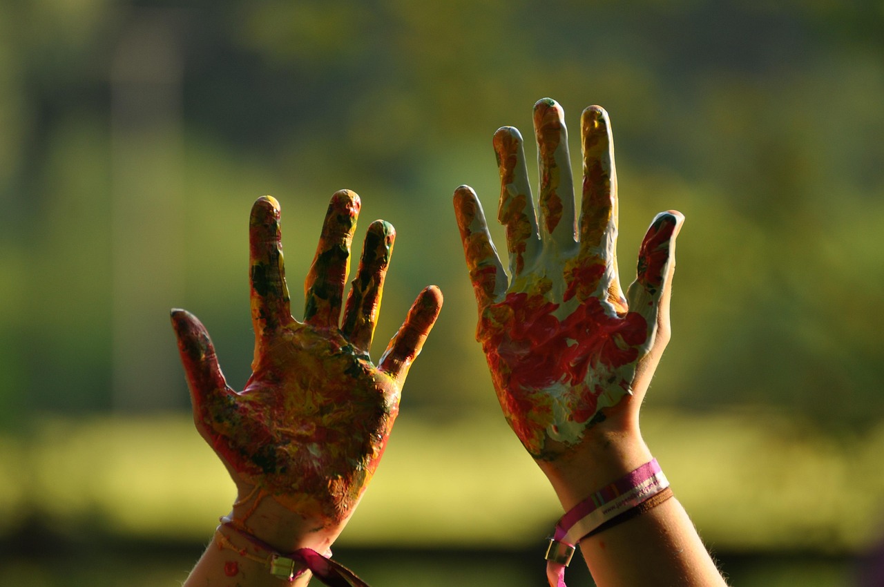 hands, multicoloured, fun, hand, coloured, colorful, painted, child, to paint, hand in hand